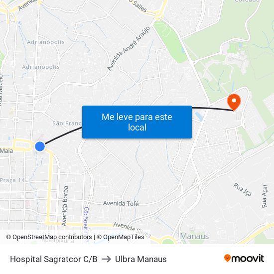 Hospital Sagratcor C/B to Ulbra Manaus map