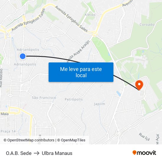 O.A.B. Sede to Ulbra Manaus map