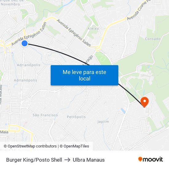 Burger King/Posto Shell to Ulbra Manaus map