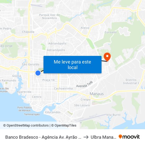 Banco Bradesco - Agência Av. Ayrão C/B to Ulbra Manaus map