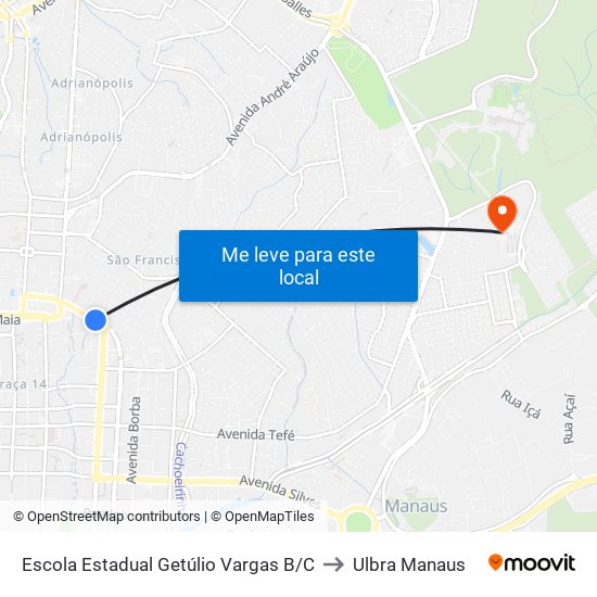 Escola Estadual Getúlio Vargas B/C to Ulbra Manaus map