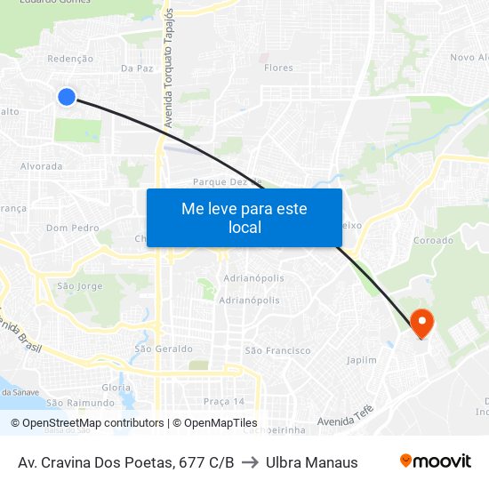 Av. Cravina Dos Poetas, 677 C/B to Ulbra Manaus map