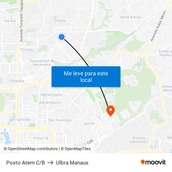 Posto Atem C/B to Ulbra Manaus map