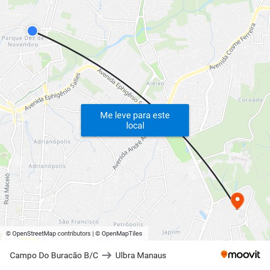 Campo Do Buracão B/C to Ulbra Manaus map