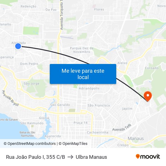 Rua João Paulo I, 355 C/B to Ulbra Manaus map