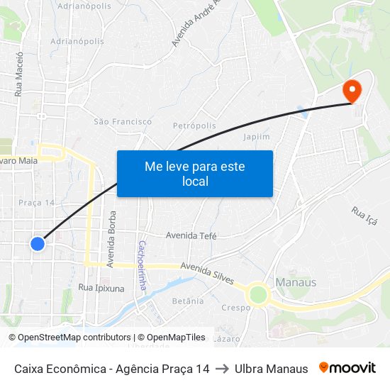 Caixa Econômica - Agência Praça 14 to Ulbra Manaus map