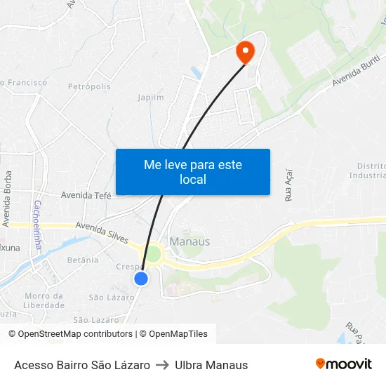 Acesso Bairro São Lázaro to Ulbra Manaus map