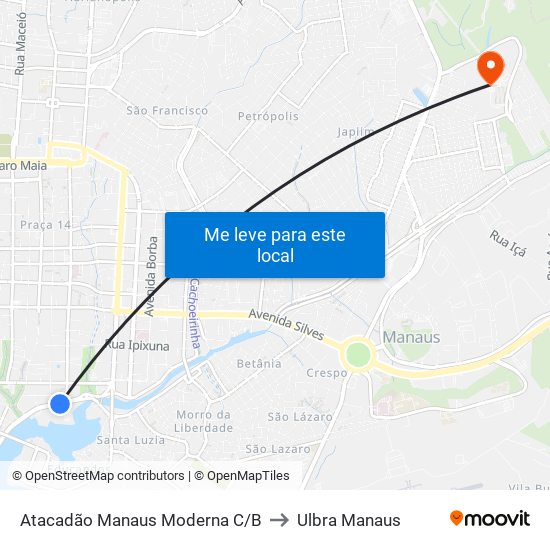 Atacadão Manaus Moderna C/B to Ulbra Manaus map
