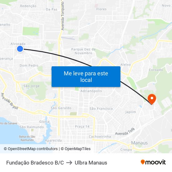 Fundação Bradesco B/C to Ulbra Manaus map