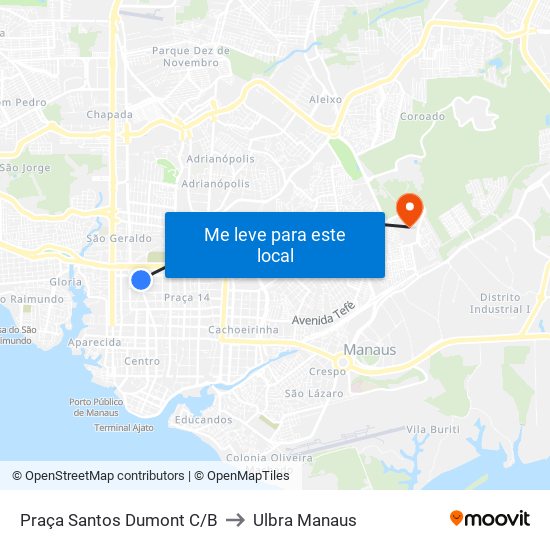 Praça Santos Dumont C/B to Ulbra Manaus map
