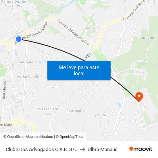 Clube Dos Advogados O.A.B. B/C to Ulbra Manaus map