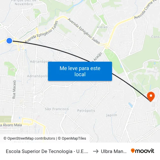 Escola Superior De Tecnologia - U.E.A. C/B to Ulbra Manaus map