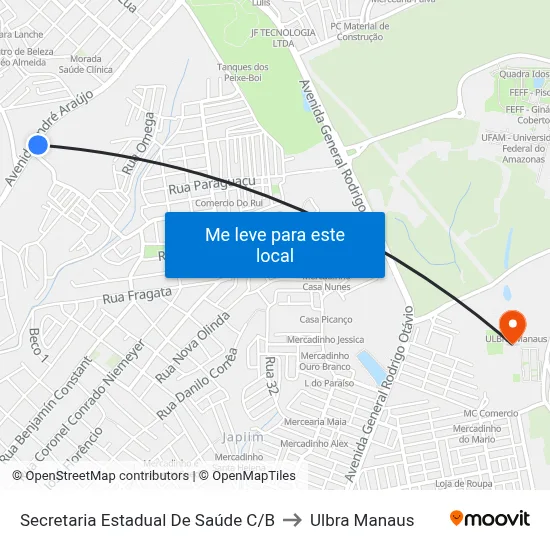 Secretaria Estadual De Saúde C/B to Ulbra Manaus map