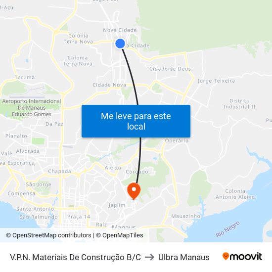V.P.N. Materiais De Construção B/C to Ulbra Manaus map