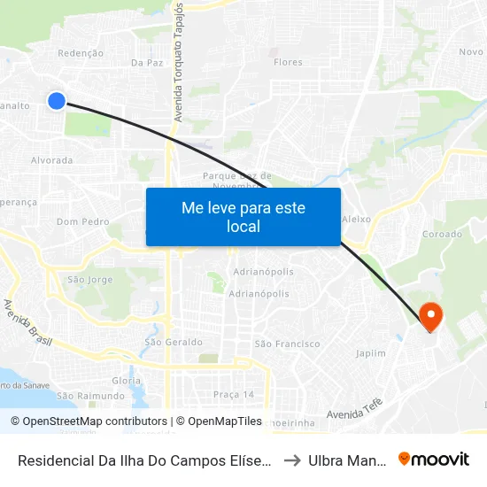 Residencial Da Ilha Do Campos Elíseos B/C to Ulbra Manaus map
