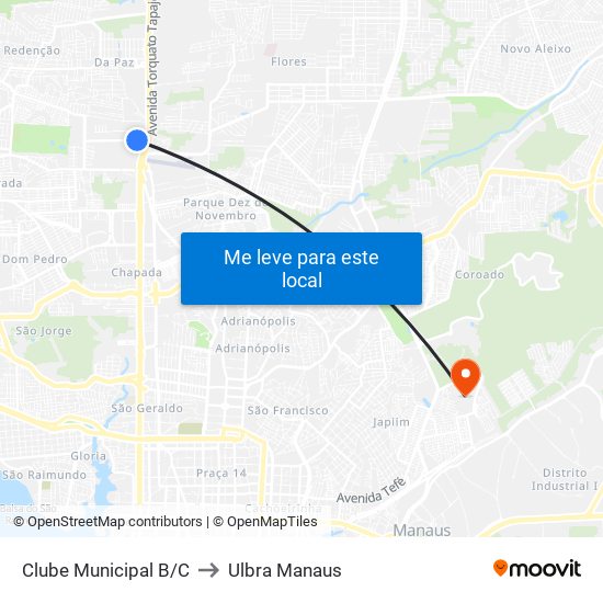 Clube Municipal B/C to Ulbra Manaus map
