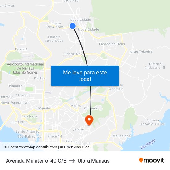 Avenida Mulateiro, 40 C/B to Ulbra Manaus map