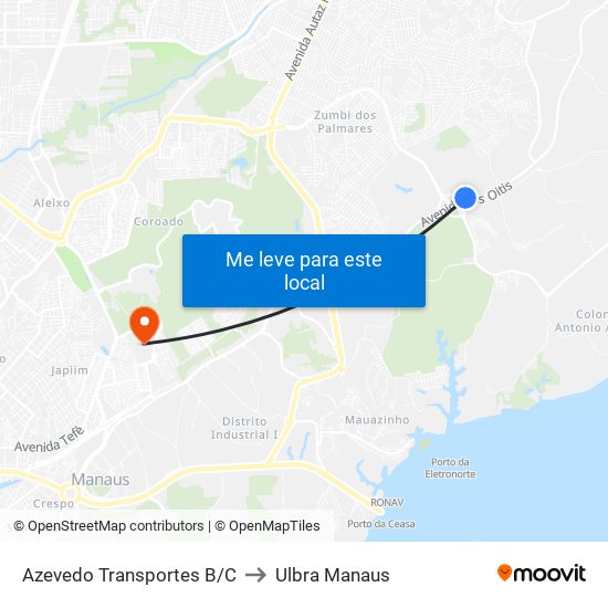 Azevedo Transportes B/C to Ulbra Manaus map