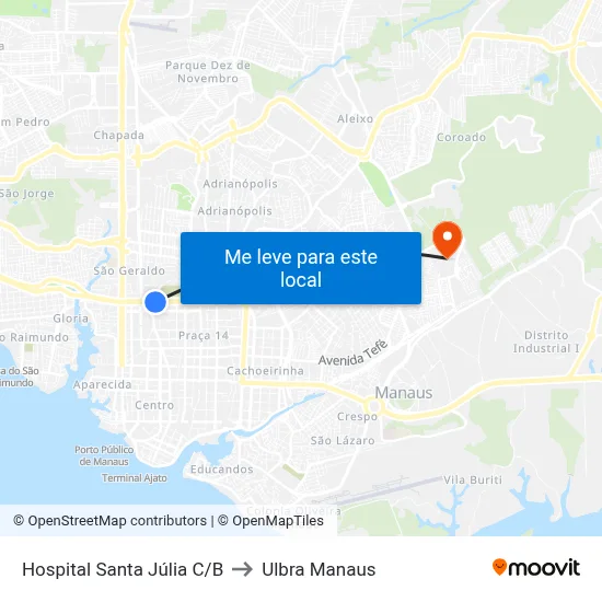 Hospital Santa Júlia C/B to Ulbra Manaus map