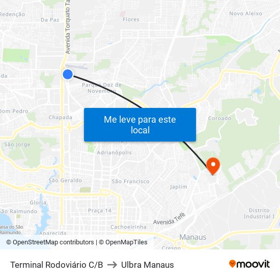 Terminal Rodoviário C/B to Ulbra Manaus map