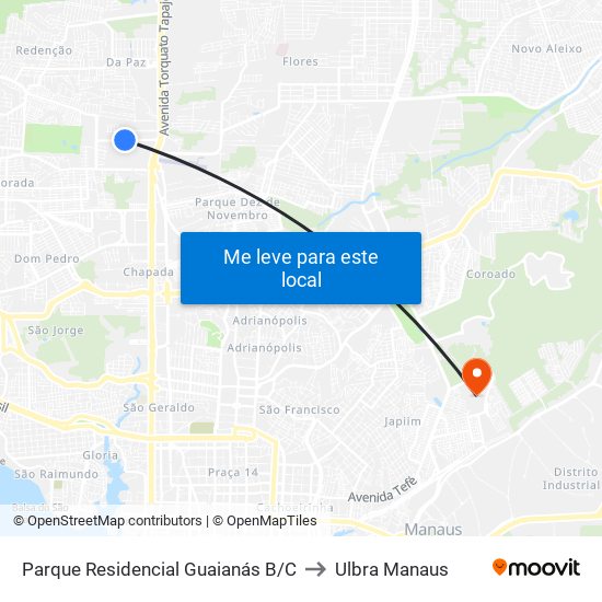 Parque Residencial Guaianás B/C to Ulbra Manaus map