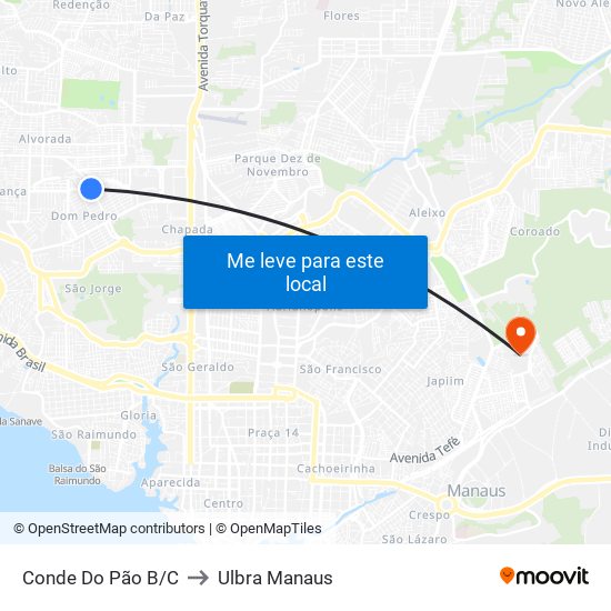 Conde Do Pão B/C to Ulbra Manaus map