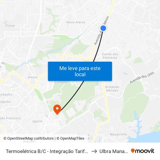 Termoelétrica B/C - Integração Tarifada to Ulbra Manaus map