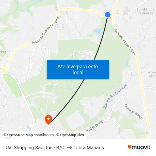 Uai Shopping São José B/C to Ulbra Manaus map