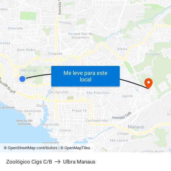 Zoológico Cigs C/B to Ulbra Manaus map