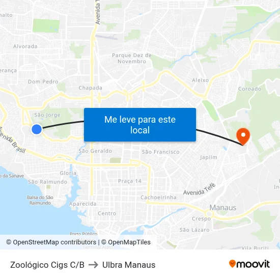 Zoológico Cigs C/B to Ulbra Manaus map
