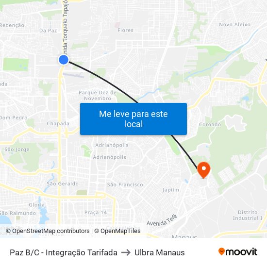 Paz B/C - Integração Tarifada to Ulbra Manaus map