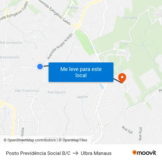 Posto Previdência Social B/C to Ulbra Manaus map