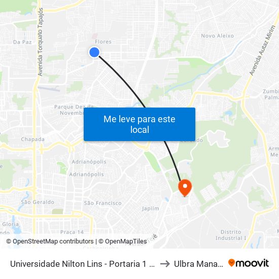 Universidade Nilton Lins - Portaria 1 B/C to Ulbra Manaus map
