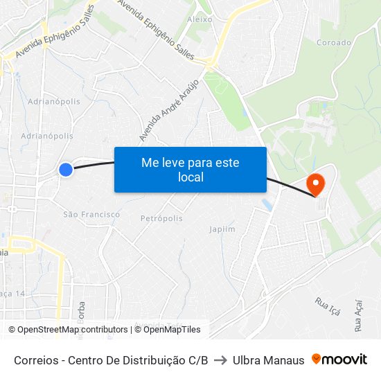 Correios - Centro De Distribuição C/B to Ulbra Manaus map