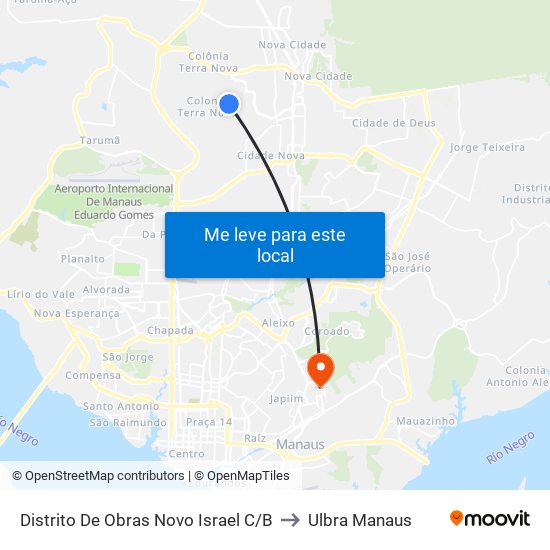 Distrito De Obras Novo Israel C/B to Ulbra Manaus map