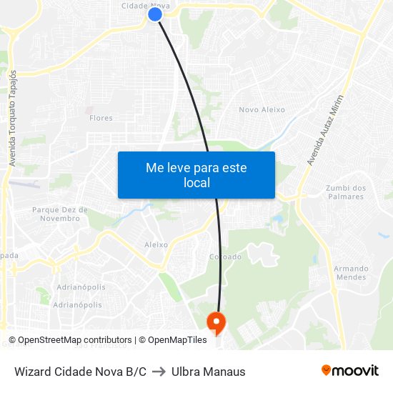 Wizard Cidade Nova B/C to Ulbra Manaus map