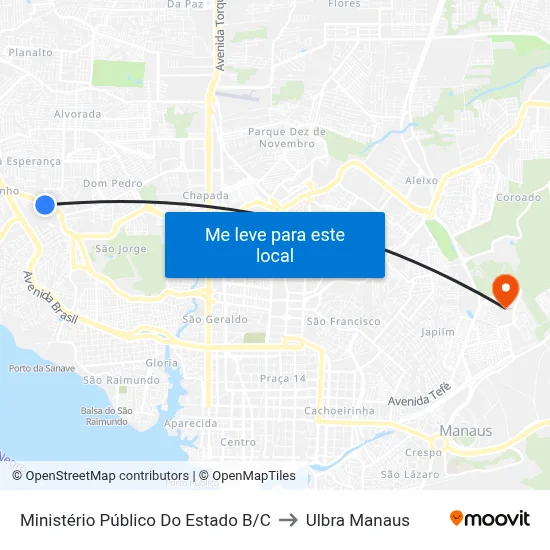 Ministério Público Do Estado B/C to Ulbra Manaus map