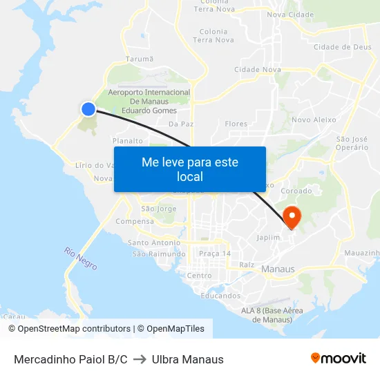 Mercadinho Paiol B/C to Ulbra Manaus map