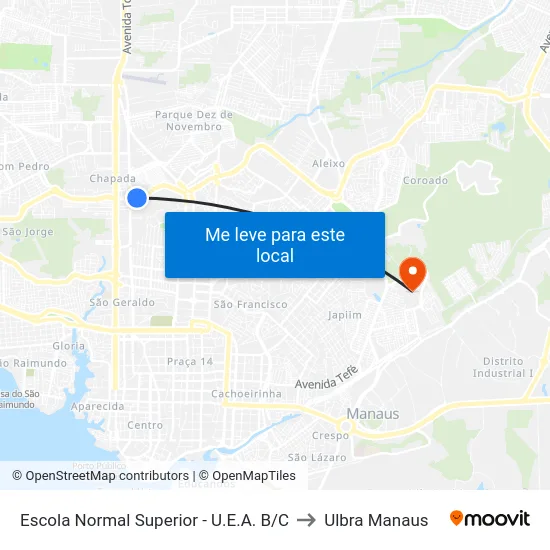 Escola Normal Superior - U.E.A. B/C to Ulbra Manaus map