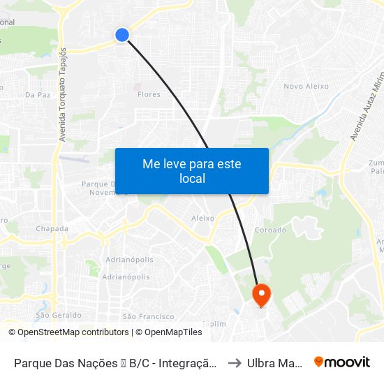 Parque Das Nações ➊ B/C - Integração Gratuita to Ulbra Manaus map
