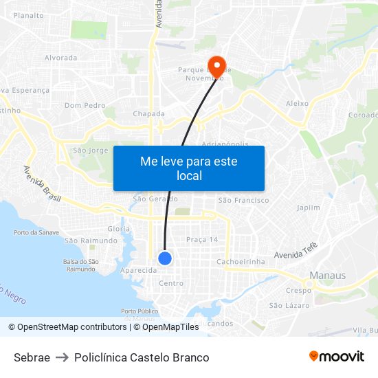 Sebrae to Policlínica Castelo Branco map