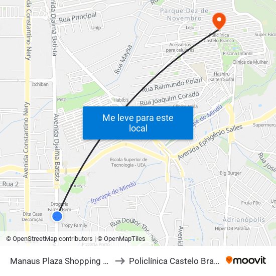 Manaus Plaza Shopping C/B to Policlínica Castelo Branco map