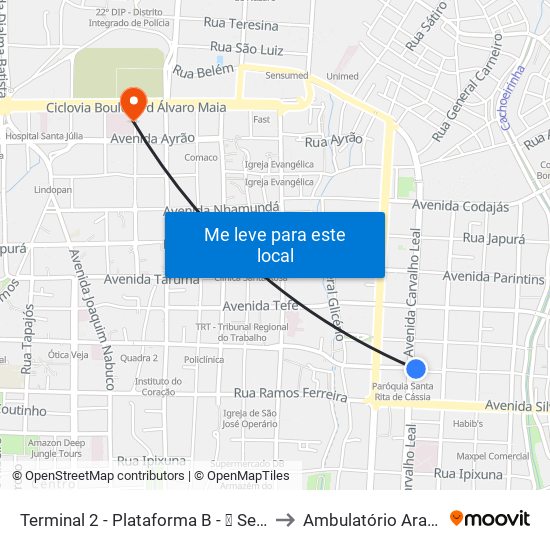 Terminal 2 - Plataforma B - ➓ Sentido Distrito to Ambulatório Araújo Lima map