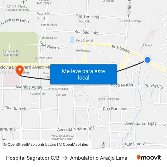 Hospital Sagratcor C/B to Ambulatório Araújo Lima map