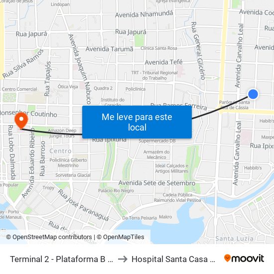 Terminal 2 - Plataforma B - ➏ Sentido Bairro to Hospital Santa Casa De Misericórdia map