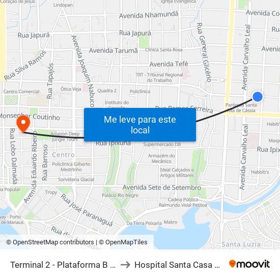 Terminal 2 - Plataforma B - ➐ Sentido Bairro to Hospital Santa Casa De Misericórdia map