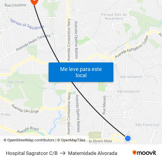 Hospital Sagratcor C/B to Maternidade Alvorada map