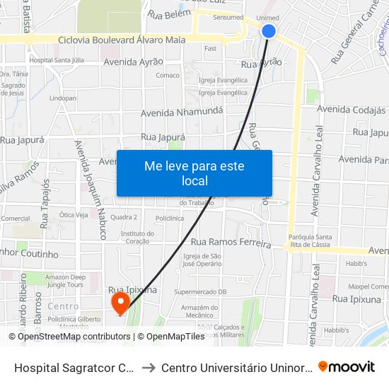 Hospital Sagratcor C/B to Centro Universitário Uninorte map
