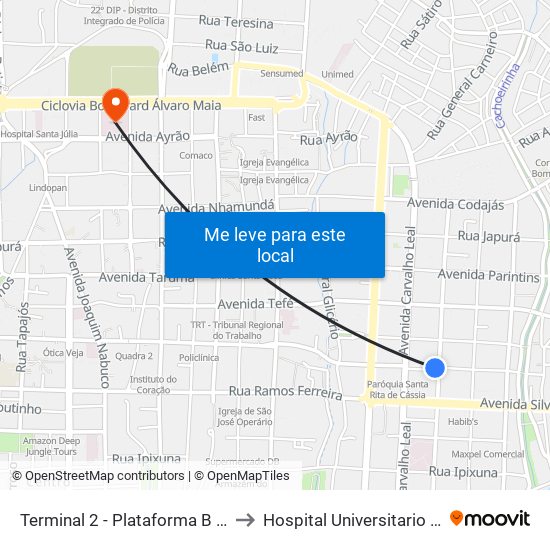 Terminal 2 - Plataforma B - ➏ Sentido Bairro to Hospital Universitario Getulio Vargas map