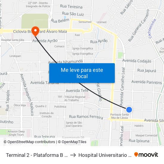 Terminal 2 - Plataforma B - ➐ Sentido Bairro to Hospital Universitario Getulio Vargas map